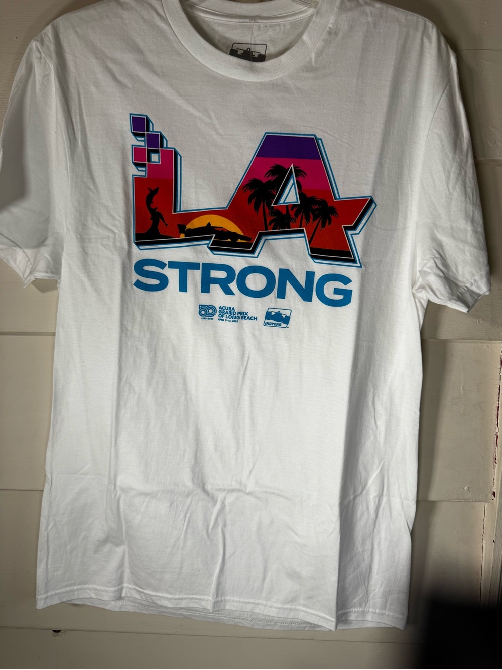 LA Strong White Graphic Tee with Sunset Logo